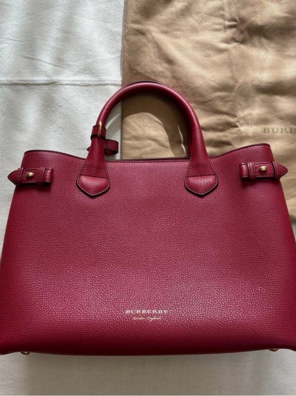 Burberry Cherry Red Leather Satchel with Top Handles